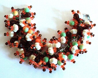 Fall Harvest Handmade Beaded Bracelet: Orange Brown & Green - White Pumpkin Patch