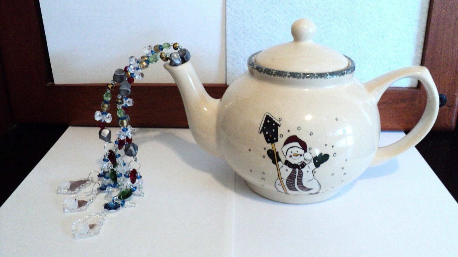 Snowman Tea Pot, Beaded Tea Pot, Blue Red Green and White, Winter Decoration, Table Centerpiece
