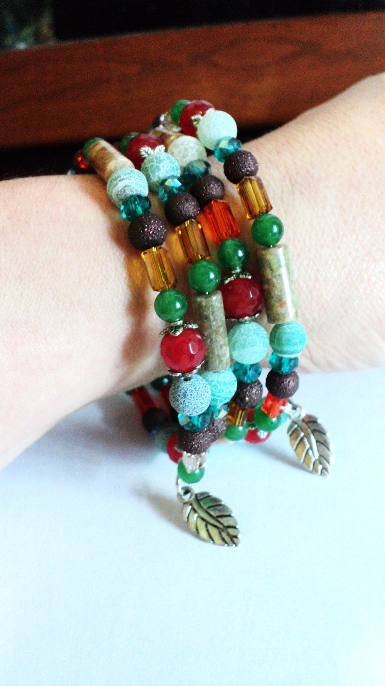 Leaf Memory Wire Charm Bracelet Beaded Fall Bracelet Etsy
