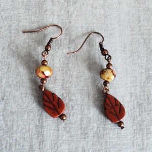 Fall Leaf Dangle Earrings, Antiqued Copper Leaf Earrings, Crystal and Copper Autumn Jewelry, Two Tiered Leaf Dangle Earrings, Fall Leaves image 2
