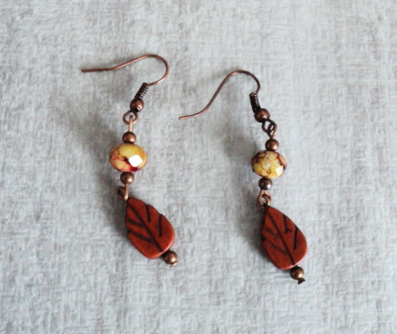 Fall Leaf Dangle Earrings, Antiqued Copper Leaf Earrings, Crystal and Copper Autumn Jewelry, Two Tiered Leaf Dangle Earrings, Fall Leaves image 2