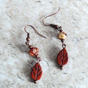 Fall Leaf Dangle Earrings, Antiqued Copper Leaf Earrings, Crystal and Copper Autumn Jewelry, Two Tiered Leaf Dangle Earrings, Fall Leaves image 4