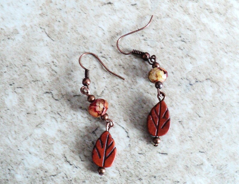 Fall Leaf Dangle Earrings, Antiqued Copper Leaf Earrings, Crystal and Copper Autumn Jewelry, Two Tiered Leaf Dangle Earrings, Fall Leaves image 4