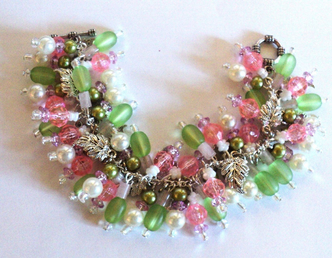 Spring Charm Spring Floral Charm Bracelet, Pink Green & White Beads With Leaf Charms ...