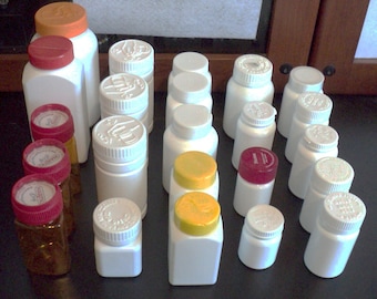 Pill Bottles, Multiple Sizes, White and Amber, Recycled, Storage, Storage Containers, Containers, Craft Storage, Bead Containers - 23 Count