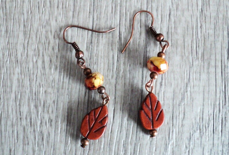 Fall Leaf Dangle Earrings, Antiqued Copper Leaf Earrings, Crystal and Copper Autumn Jewelry, Two Tiered Leaf Dangle Earrings, Fall Leaves image 1