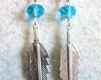 Turquoise and Silver Feather Earrings, Southwest Feather Charm Earrings, Turquoise Southwest Jewelry, Dangle Earrings