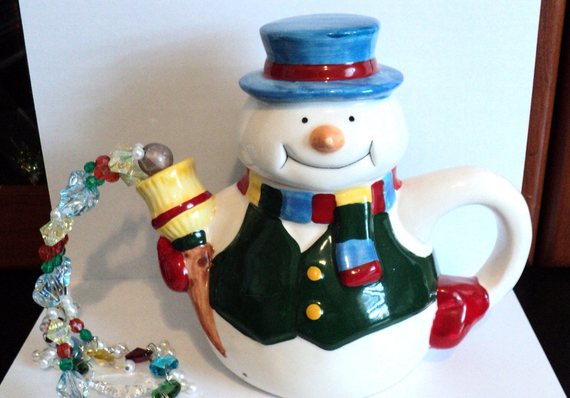 Snowman Tea Pot Beaded Ceramic Tea Pot Beaded Home Decor Etsy