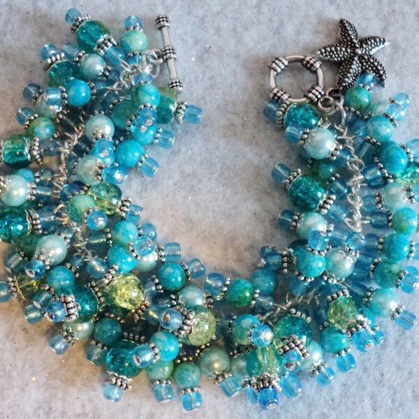 Beaded Charm Bracelet - Marble Crackle Glass Turquoise Green Blue - UNDER THE SEA