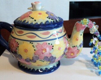 Small Tea Pot, Floral Tea Pot, Ceramic Tea Pot, Pink Yellow Blue Purple, Beaded Tea Pot, Beaded Home Decoration, Tea Lover Gift, Centerpiece