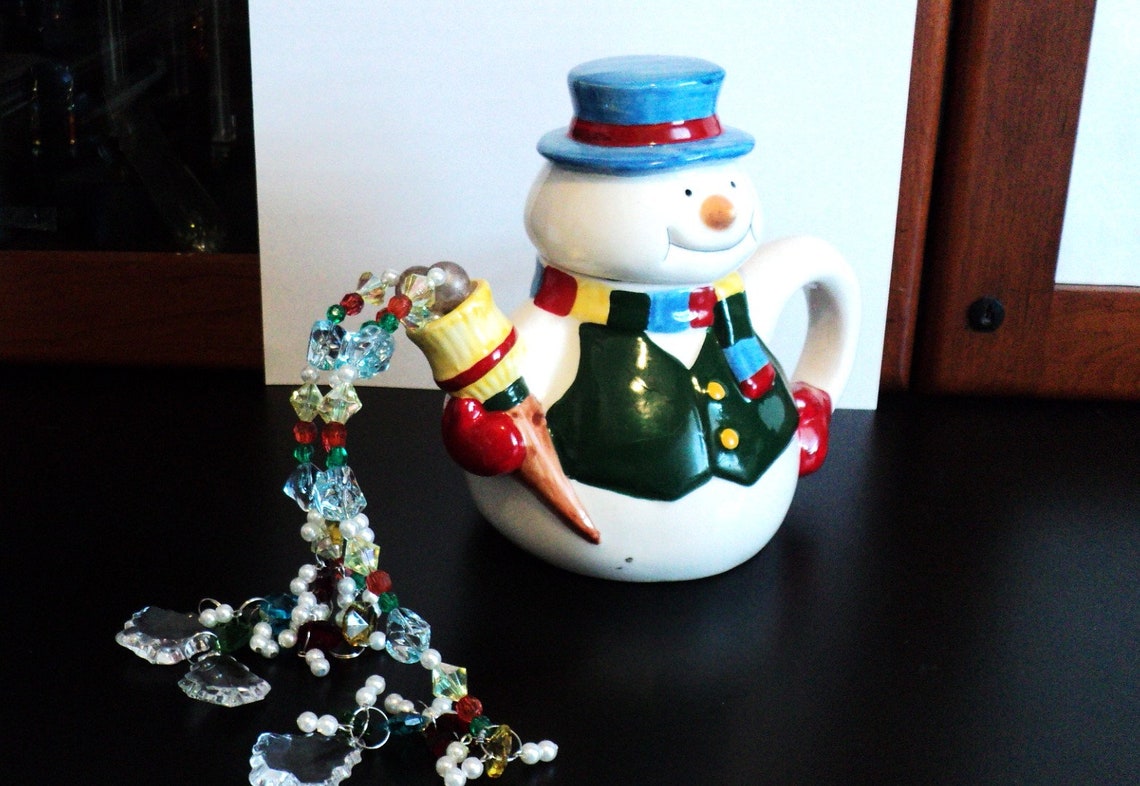 Snowman Tea Pot Beaded Ceramic Tea Pot Beaded Home Decor Etsy