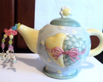 Decorative Small Ceramic Tea Pot, Beaded Tea Pot, Home Decoration, Tea Lover Gift, Yellow Blue Green Pink, Upcycled Tea Pot, Centerpiece