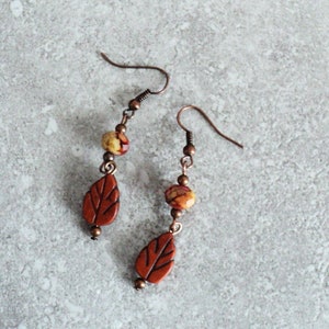 Fall Leaf Dangle Earrings, Antiqued Copper Leaf Earrings, Crystal and Copper Autumn Jewelry, Two Tiered Leaf Dangle Earrings, Fall Leaves image 6