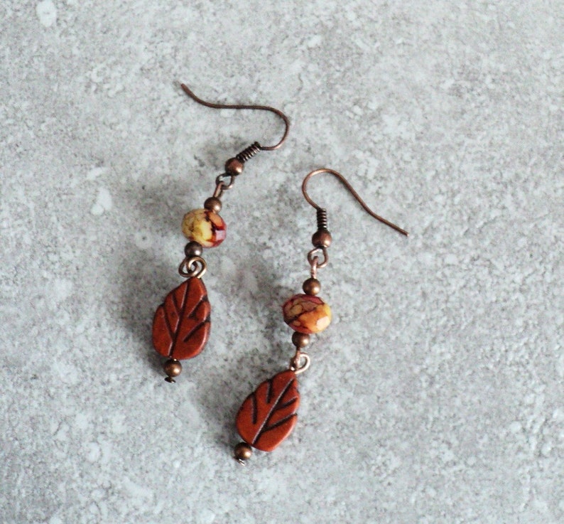 Fall Leaf Dangle Earrings, Antiqued Copper Leaf Earrings, Crystal and Copper Autumn Jewelry, Two Tiered Leaf Dangle Earrings, Fall Leaves image 6