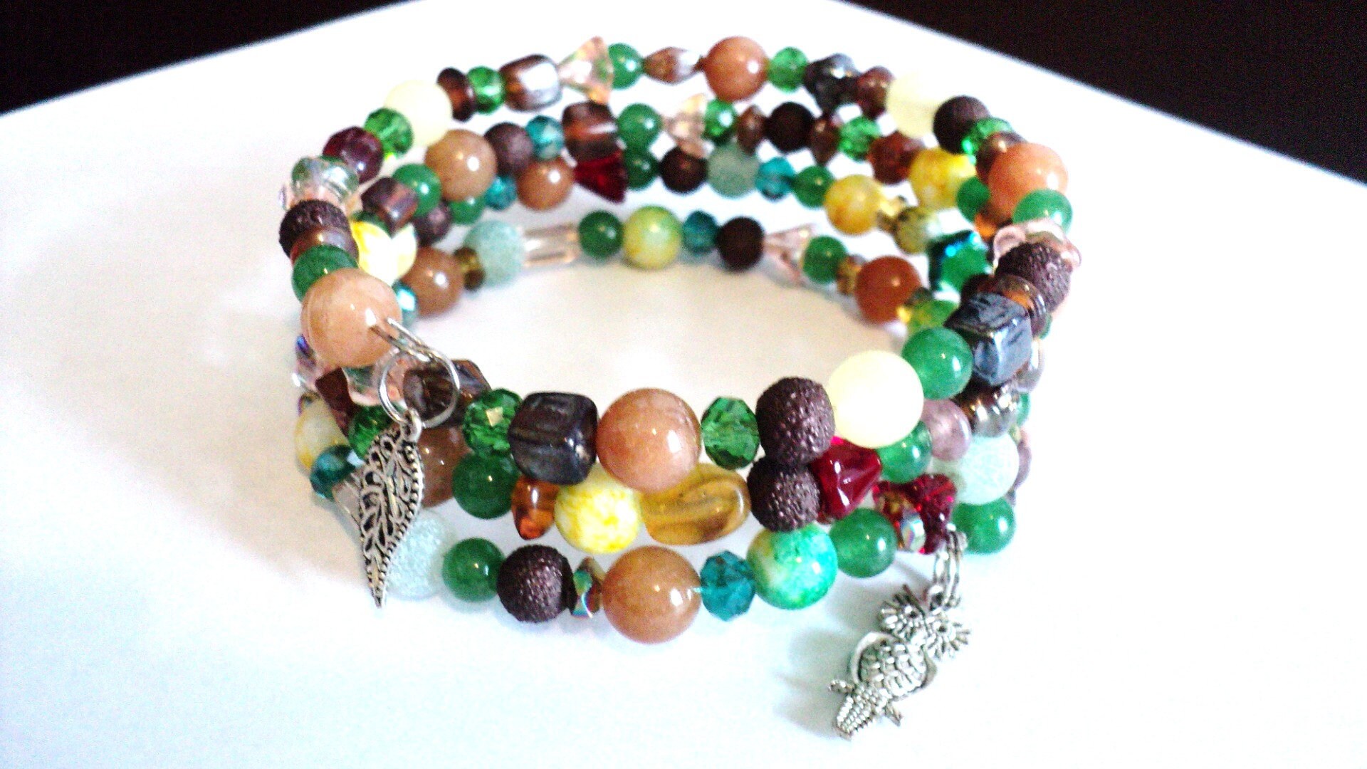 Fall Memory Wire Charm Bracelet, Owl & Leaf Charms With Glass Beads