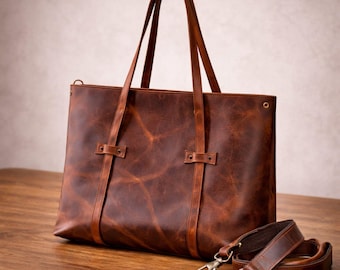 Bolso tote de cuero de grano completo, bolso de hombro, bolso para portátil de trabajo para mujer de 13 pulgadas.