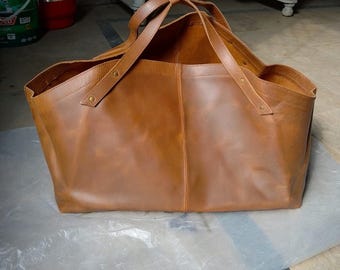 Handmade Leather Log Carrier Firewood Tote Bag with Handles, Fireplace Accessory Storage Wooden Holder