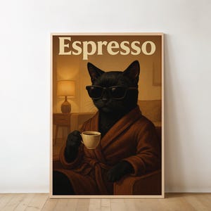 Cool Black Cat Espresso Wall Art Print Coffee Lover Funny Cat Poster Retro Aesthetic Art Cat with Coffee Printable Home Decor