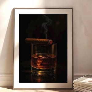 Luxury Cigar and Whiskey Digital Wall Art Download | Hyper-Realistic Bar Lounge Print | Man Cave Decor for Sophisticated Spaces