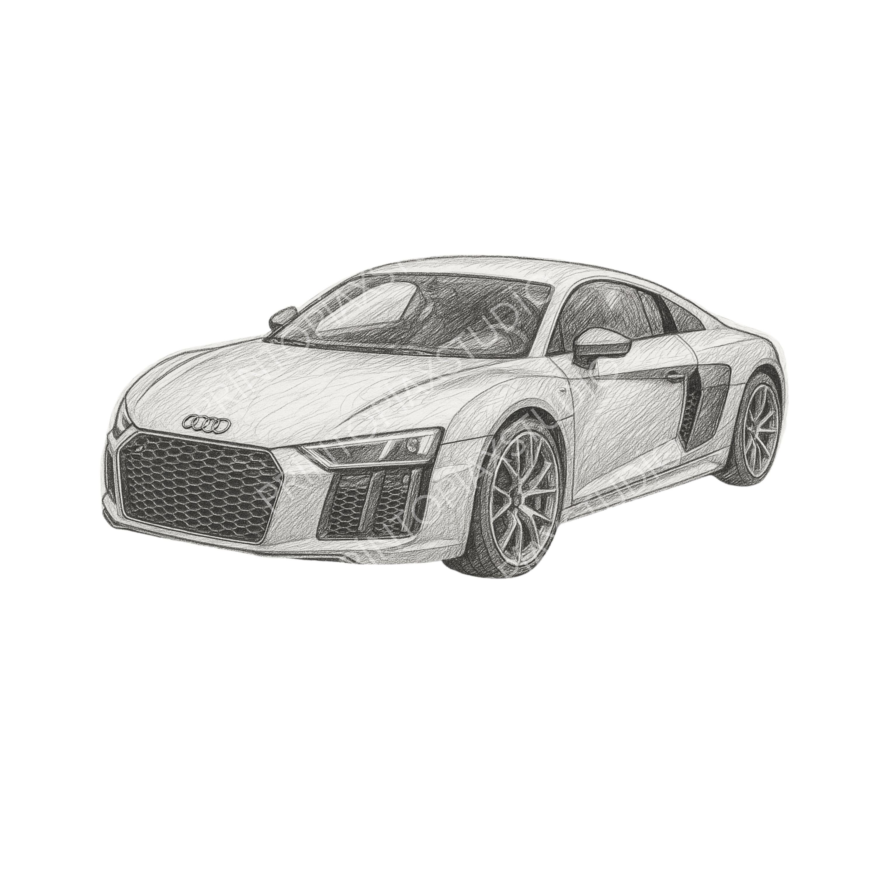 Audi R8 Illustration: Handcrafted Car Sketch, Printable Wall Art