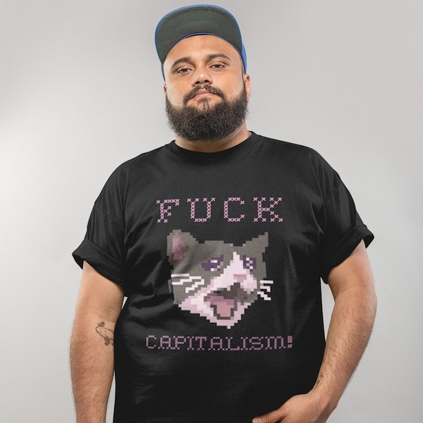 cute cat fuck capitalism tshirt . anti capitalist leftist socialist shirt . mens womens gender neutral