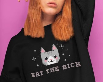 eat the rich cat crewneck sweatshirt . gray kitty funny anticapitalist leftist socialist sweatshirt . cat hoodie