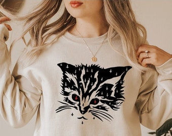 satanic goth kitten sweatshirt . cute funny horror cat gift under 50 . punk grunge lounge hoodie sweater