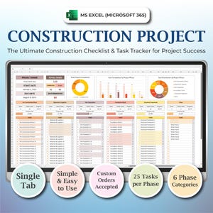 Construction Project Spreadsheet Template, Construction Checklist Excel, Construction Projects Template, Construction Phase & Task Tracker