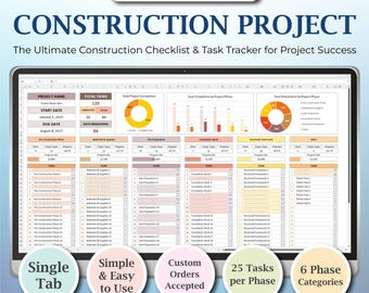 Construction Project Spreadsheet Template, Construction Checklist Excel, Construction Projects Template, Construction Phase & Task Tracker