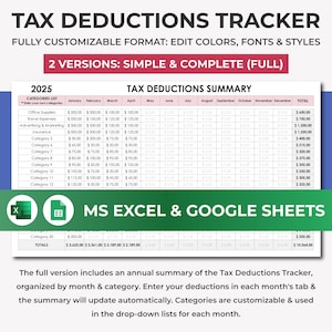 Tax Deduction Tracker Spreadsheet Template. Small Business Tax Deductions List. Tax Organizer Planner. Tax Prep Excel & Google Sheets.