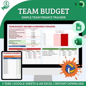 May include: A computer screen displaying a spreadsheet with the title "Team Budget (Income & Expenses Tracker)". The spreadsheet includes columns for budgeted, actual, and difference for both income and expenses. The spreadsheet also includes a graph showing actual vs. budgeted expenses. The spreadsheet is designed to help track team finances.