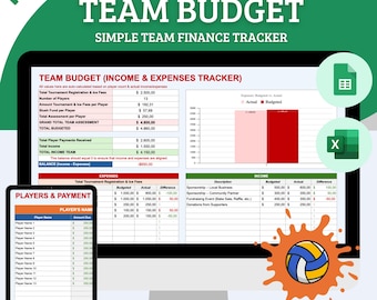 May include: A computer screen displaying a spreadsheet with the title "Team Budget (Income & Expenses Tracker)". The spreadsheet includes columns for budgeted, actual, and difference for both income and expenses. The spreadsheet also includes a graph showing actual vs. budgeted expenses. The spreadsheet is designed to help track team finances.