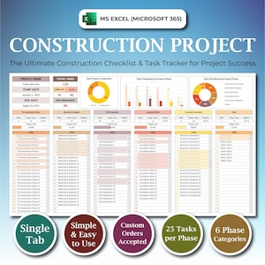 Cronologia e checklist del progetto per appaltatori, monitoraggio dell&#39;avanzamento dei lavori, modello Excel per la gestione dei progetti di costruzione, attività di costruzione