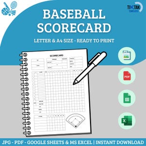 Baseball Scorecard Template, Baseball Score Sheet PDF Printable, Softball Scoresheet, Baseball Scorebook, Printable Softball Scoresheet