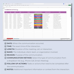 Excel and Google Sheets Communication Log, Meeting and Call Log Template, Professional Communication Tracking Sheet, Calls Meetings Tracker