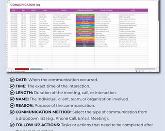 Excel und Google Sheets Kommunikations-Tracker, Meeting und Call Log Vorlage, professionelles Kommunikations-Tracking-Blatt, Calls Meetings Tracker