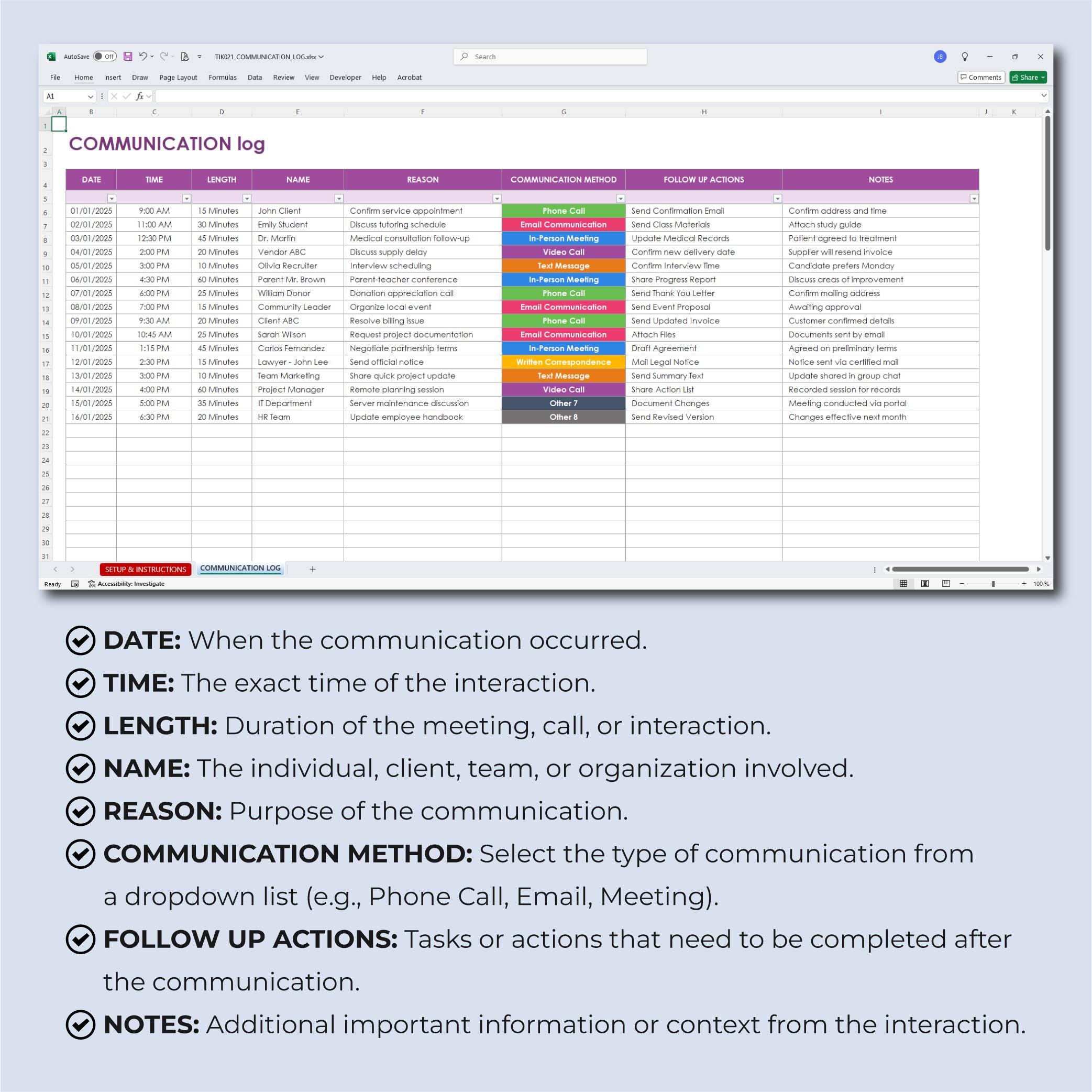 Excel and Google Sheets Communication Log, Meeting and Call Log ...