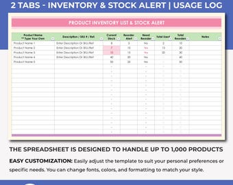Product Inventory List & Alert Tracker, Stock Inventory Alert Tracker, Product Stock Register, Stock Tracker, Excel 365 Spreadsheet Template