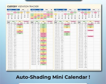 Peut inclure: Un onglet de suivi des visites de garde avec une mise en page de calendrier, affichant les mois de janvier à avril 2025. Le calendrier comprend une mise en forme automatique et est compatible avec MS Excel et Google Sheets. Le texte "CUSTODY VISITATION TRACKER TAB" est en haut.