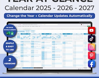 Excel Yearly Planner, Year at a Glance Calendar, Smart Monthly Schedule, Google Sheets Template, Events & Appointments Birthdays Tracker