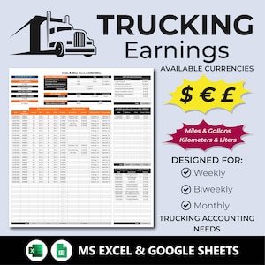 Puede incluir: Una hoja de cálculo imprimible para realizar un seguimiento de las ganancias del transporte por carretera. La hoja de cálculo está diseñada para un seguimiento semanal, quincenal y mensual. Incluye secciones para millas, galones, kilómetros, litros y gastos. La hoja de cálculo es compatible con Microsoft Excel y Google Sheets. La imagen muestra un icono de camión, las palabras "Ganancias del transporte por carretera" y el texto "MS Excel & Google Sheets".