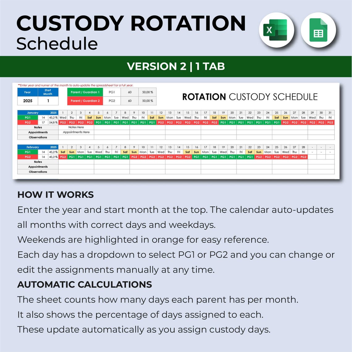 Custody Rotation Schedule Spreadsheet, Shared Custody Rotation Calendar ...