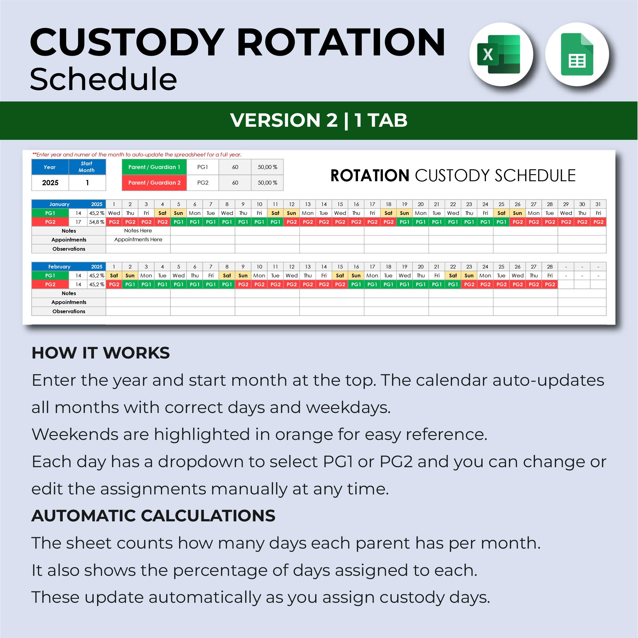 Custody Rotation Schedule Spreadsheet, Shared Custody Rotation Calendar ...