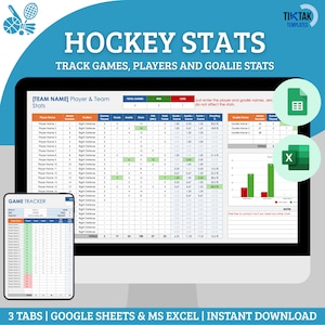 Könnte beinhalten: Eine digitale Tabellenvorlage zum Verfolgen von Hockey-Spielstatistiken. Die Tabelle hat drei Registerkarten: "[TEAM NAME] Player & Team Stats", "Game Tracker" und "Goalie Stats". Die Tabelle enthält Spalten für Spielername, Trikotnummer, Position, Tore, Assists, Schüsse, Strafminuten und Schussquote. Die Tabelle enthält auch ein Diagramm, das die Gesamtzahl der Tore zeigt, die von jedem Team erzielt wurden.