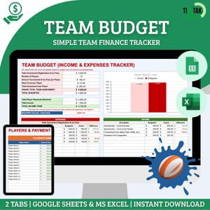 Rugby Team Budget Spreadsheet Template, Youth Rugby Team Expenses Tracker, Excel Google Sheets, Sports Team Meal Travel Expense, Rugby Excel