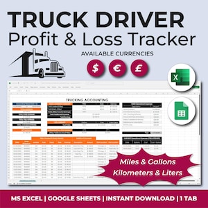 Puede incluir: Una plantilla de hoja de cálculo para conductores de camiones para realizar un seguimiento de sus ganancias y pérdidas. La plantilla incluye secciones para la contabilidad del transporte por carretera, millas y galones, y gastos operativos variables. La plantilla está disponible en Microsoft Excel y Google Sheets.
