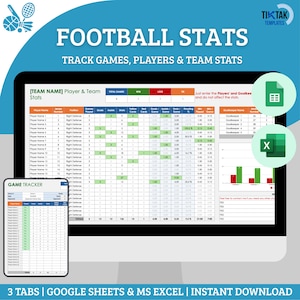 Può includere: Uno schermo di computer che mostra un foglio di calcolo con il titolo "Football Stats: Track Games, Players & Team Stats". Il foglio di calcolo ha colonne per il nome del giocatore, la posizione, le partite, i gol, gli assist e altre statistiche. Il foglio di calcolo è progettato per tenere traccia delle statistiche di calcio di una squadra.