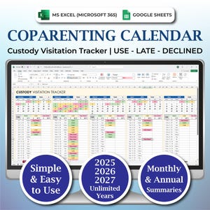 Coparenting Visitation Calendar Log Spreadsheet | Child Custody Calendar | Parenting Time Tracker, Custody Tracker Spreadsheet, Google Sheet