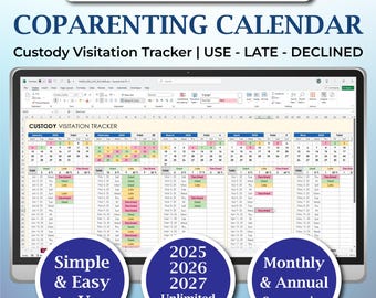 Peut inclure: Un écran d'ordinateur affiche un calendrier de coparentalité dans MS Excel et Google Sheets. Le calendrier suit les visites de garde, avec des options pour l'utilisation, le retard et le refus. Comprend une utilisation simple, des années illimitées (2025-2027) et des résumés mensuels/annuels.