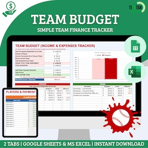 Könnte beinhalten: Ein Computerbildschirm zeigt eine Tabellenkalkulation mit dem Titel "Team Budget (Einnahmen und Ausgaben)". Die Tabellenkalkulation enthält Spalten für "Budgetiert", "Tatsächlich" und "Differenz" für sowohl Einnahmen als auch Ausgaben. Die Tabellenkalkulation enthält auch ein Diagramm, das die Differenz zwischen budgetierten und tatsächlichen Ausgaben zeigt. Die Tabellenkalkulation soll Teams helfen, ihre Finanzen zu verfolgen.